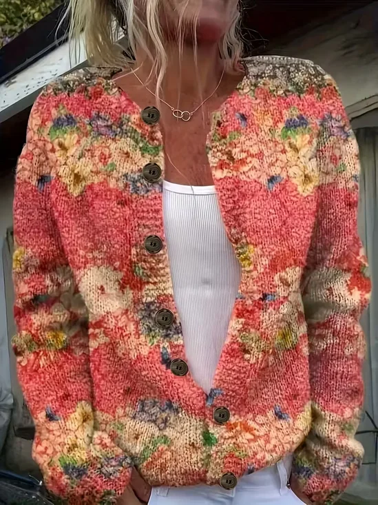 Women Floral Long Sleeve Comfy Vintage Printing Cardigan
