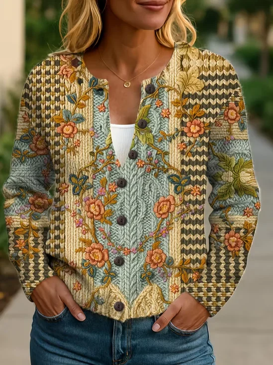 Women Floral Long Sleeve Comfy Vintage Printing Cardigan