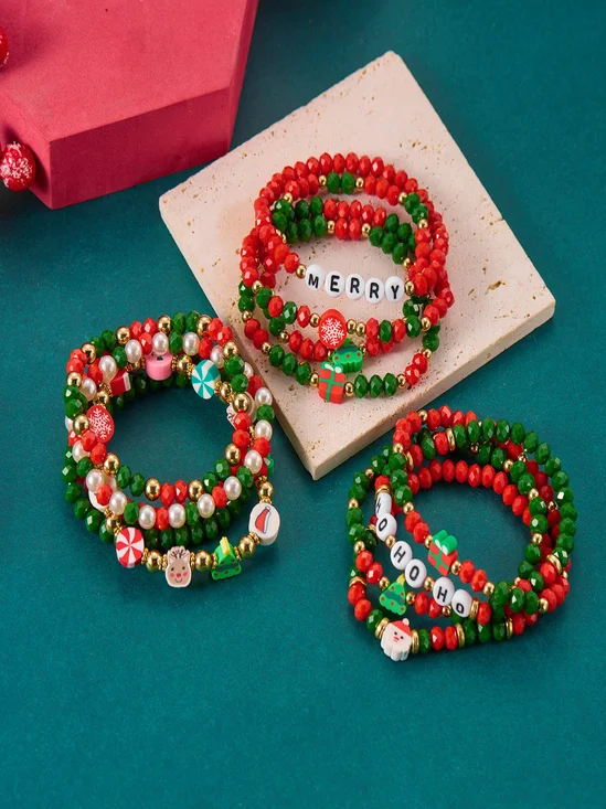 Christmas Electroplating Snowflake Elk Christmas Bell Santa Claus Bracelet Fashionable And Versatile Christmas Crystal Rice Bead Bracelet Combination Set