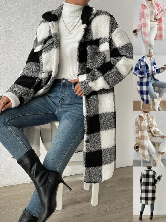 Women Winter Outerwear Casual Printing Plaid Long Sleeve Shawl Collar Jacket