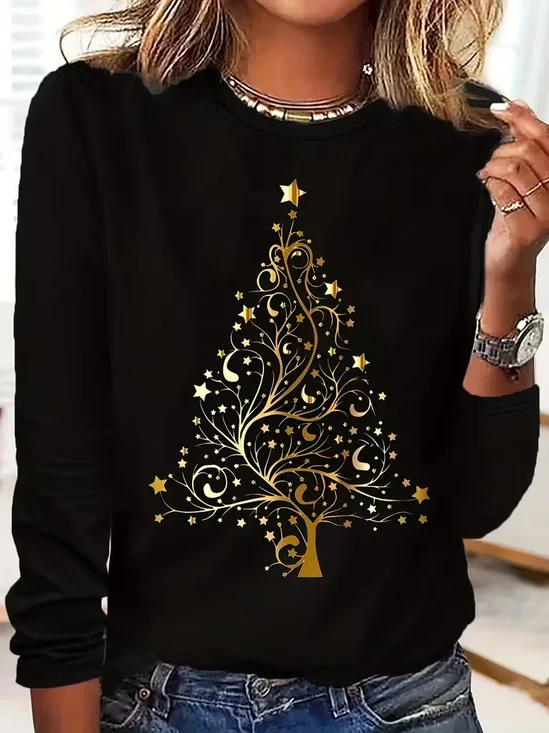 Casual Christmas Crew Neck Long Sleeve T-shirt