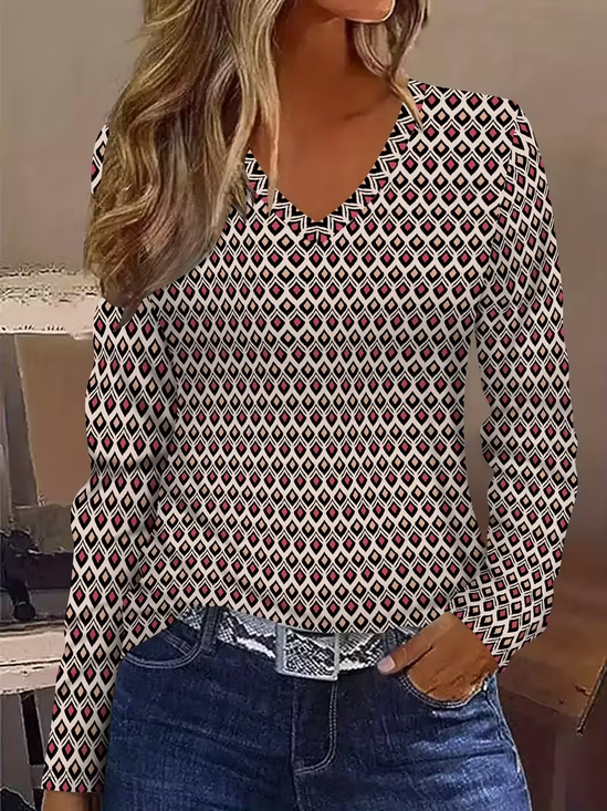 Casual Abstract V Neck Long Sleeve T-shirt