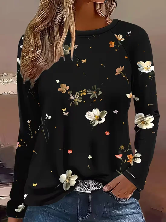 Casual Floral Crew Neck Long Sleeve T-shirt
