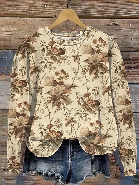 Casual Crew Neck Floral Sweatshirt Printing