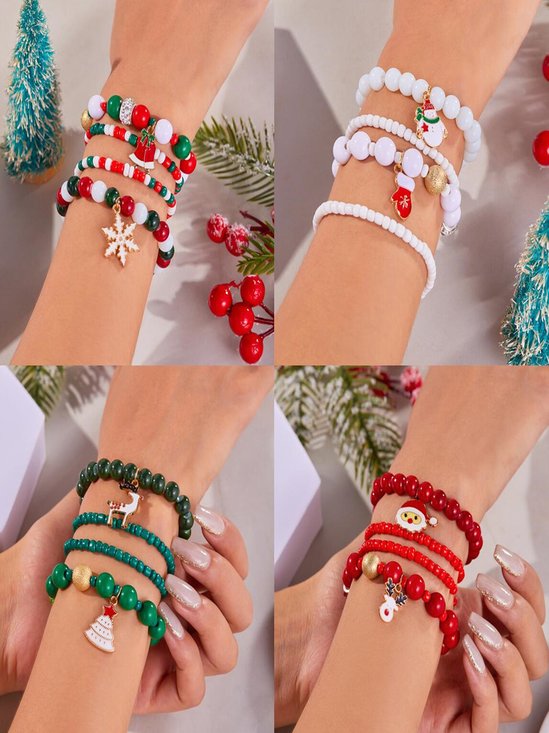 New Christmas Rice Bead Bracelet Four-pack Women's Stacking Santa Claus Snowflake Bell Elk Holiday Party Bracelet
