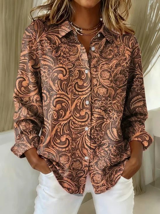 Shirt Collar Regular Sleeve Long Sleeve Floral Buckle Regular Loose Button Up Shirt Shirt For Women