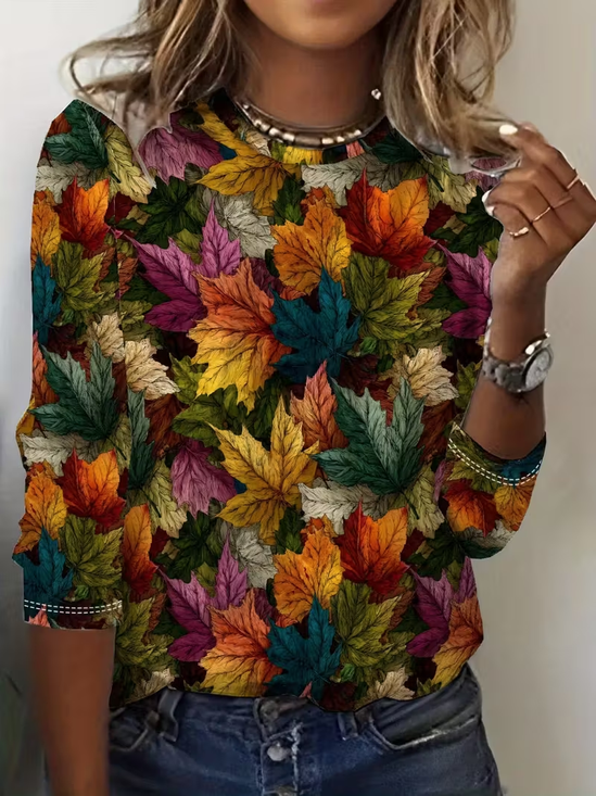 Casual Maple Leaf Crew Neck Long Sleeve T-shirt