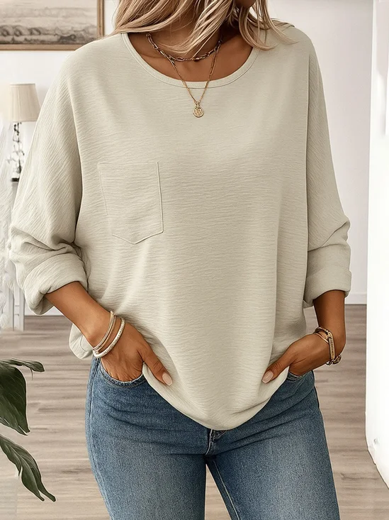 Crew Neck Long Sleeve Plain Regular Loose Blouse For Women