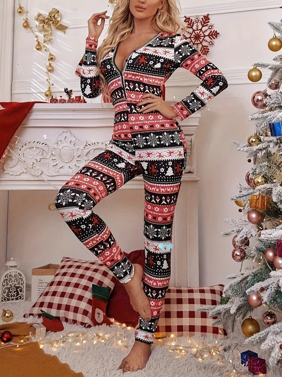 Women Christmas V Neck Long Sleeve Casual Spring/Fall Jumpsuit