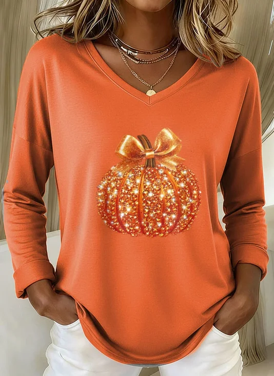 Casual Halloween (pumpkin) V Neck Long Sleeve T-shirt