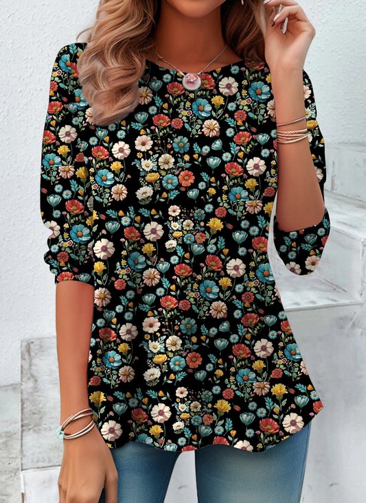 Casual Floral Crew Neck Long Sleeve T-shirt