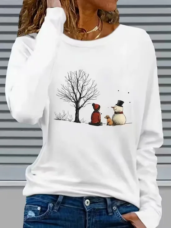 Casual Christmas Snowman Crew Neck Long Sleeve T-shirt
