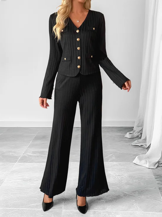 Women Plain Two-Piece Set Daily Long Sleeve Casual Spring/Fall Top With Pants Matching Set