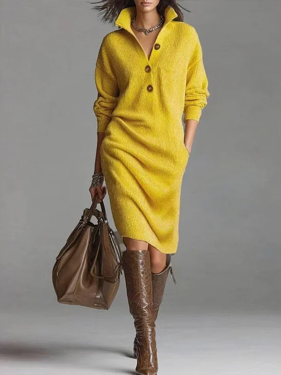 Women Plain Autumn Dress Turtleneck Long Sleeve H-Line Dress