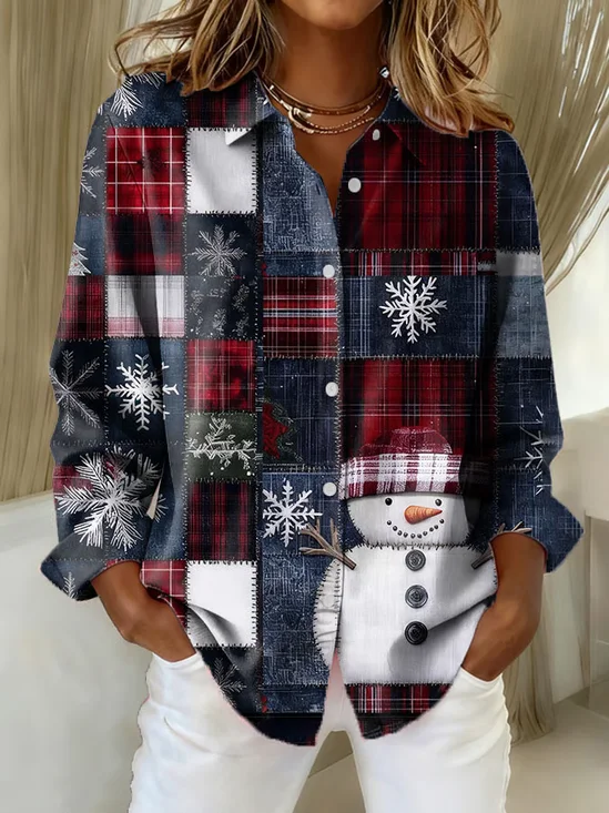 Shirt Collar Regular Sleeve Long Sleeve Christmas Snowman Buckle Regular Loose Button Up Shirt Shirt For Women