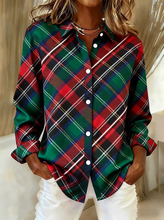 Shirt Collar Regular Sleeve Long Sleeve Plaid Buckle Regular Loose Button Up Shirt Shirt For Women