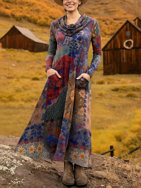 Women Geometric Spring/Fall Dress Cowl Neck Long Sleeve H-Line Dress