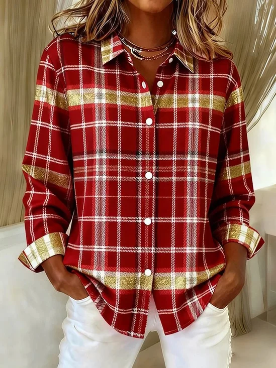 Shawl Collar Long Sleeve Plaid Regular Loose Shirt For Women