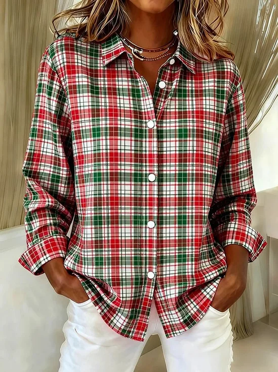 Shawl Collar Long Sleeve Plaid Regular Loose Shirt For Women