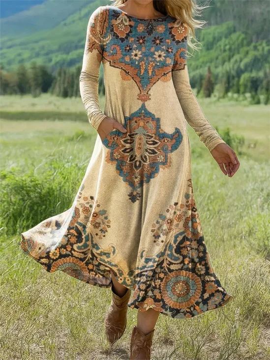 Women Geometric Summer Dress Crew Neck Long Sleeve H-Line Dress