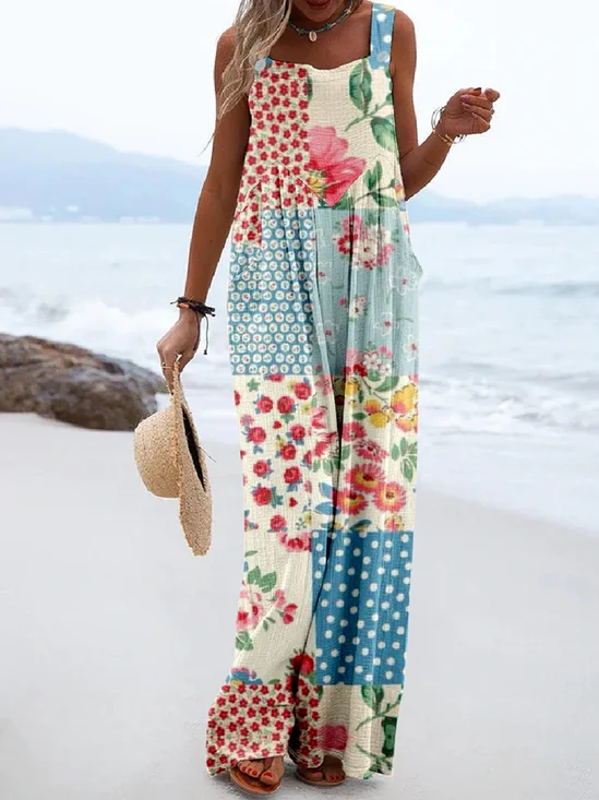 Women Sleeveless Loose Long Daily Vintage Polka Dots Mid Waist Overall Jumpsuit