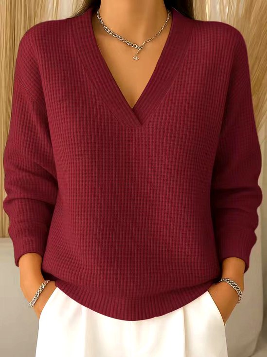 Casual Plain V Neck Long Sleeve T-shirt