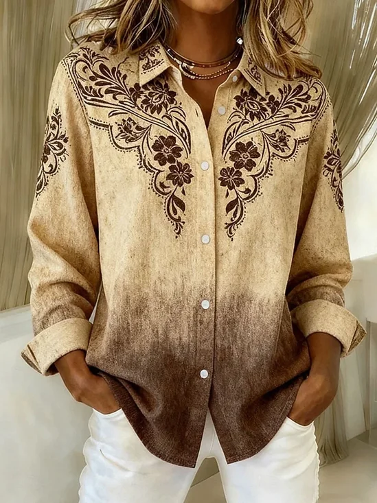 Shirt Collar Regular Sleeve Long Sleeve Floral Buckle Regular Loose Button Up Shirt Shirt For Women