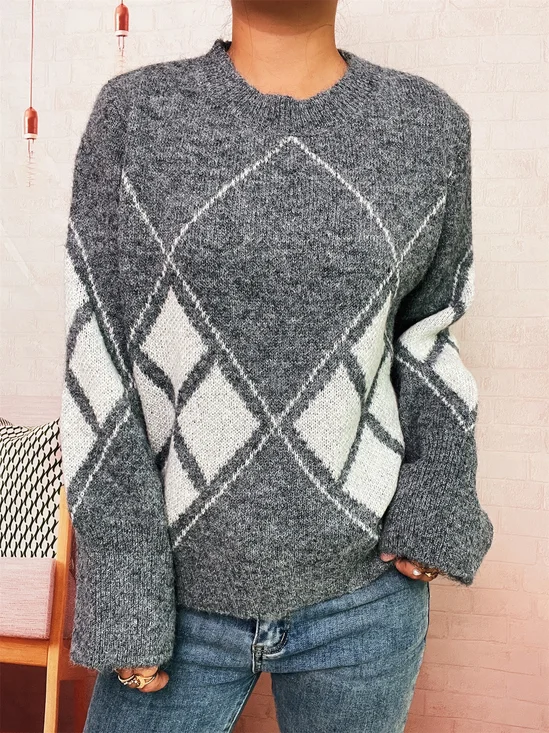 Women Cotton Geometric Long Sleeve Comfy Casual Sweater