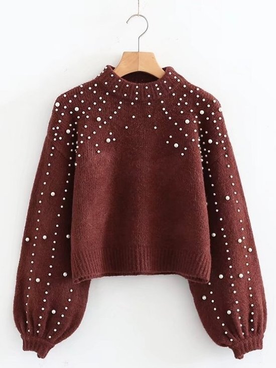 Women Cotton-Blend Plain Long Sleeve Comfy Street Beaded Sweater