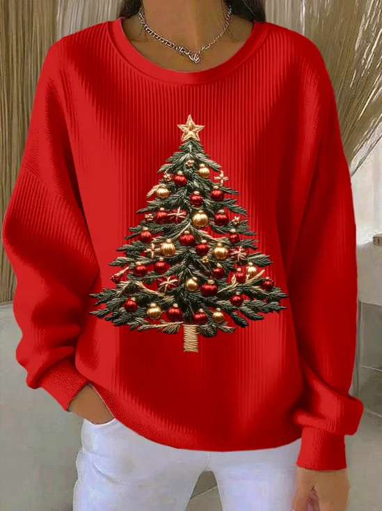 Casual Crew Neck Christmas Tree Sweatshirt