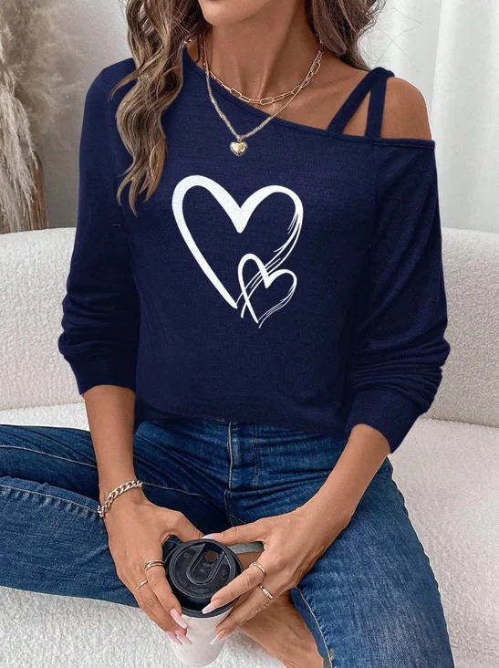 Casual Geometric Cold Shoulder Long Sleeve T-shirt