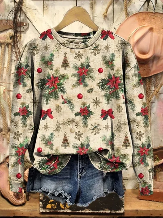 Casual Crew Neck Christmas Sweatshirt Printing