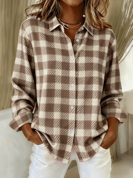 Shirt Collar Regular Sleeve Long Sleeve Plaid Buckle Regular Loose Button Up Shirt Shirt For Women