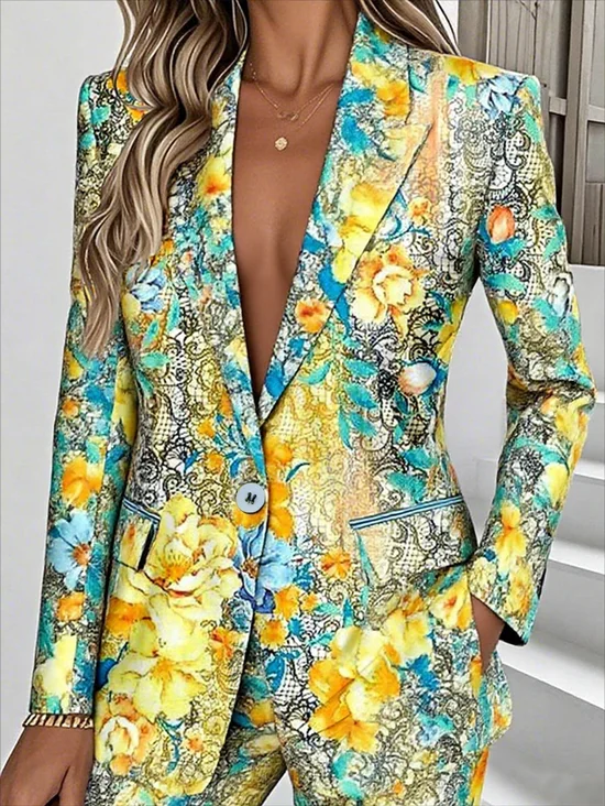 Women Floral Spring/Fall Outerwear Simple Long Sleeve Lapel Collar Regular Blazer