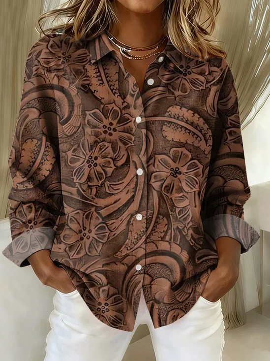 Shirt Collar Regular Sleeve Long Sleeve Floral Buckle Regular Loose Button Up Shirt Shirt For Women