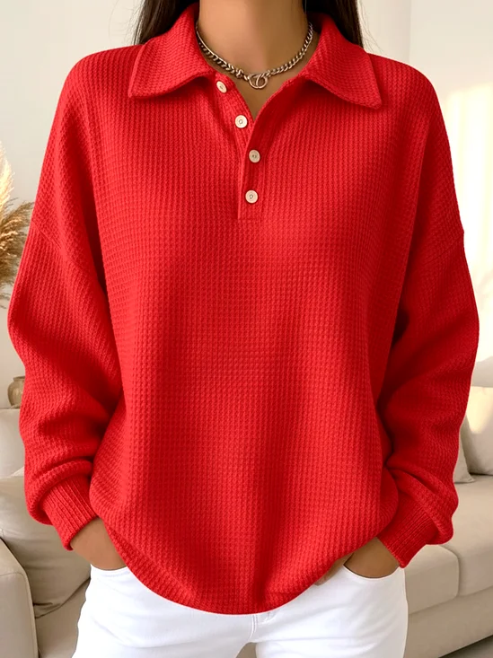 Casual Plain Shawl Collar Long Sleeve T-shirt