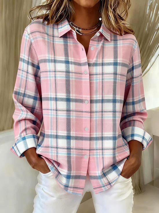 Shirt Collar Regular Sleeve Long Sleeve Plaid Buckle Regular Loose Button Up Shirt Shirt For Women