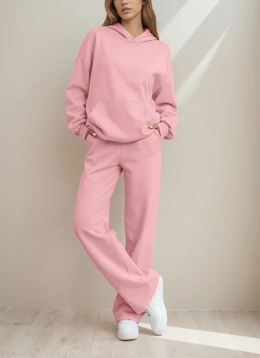 Women Plain Two-Piece Set Daily Long Sleeve Casual Spring/Fall Top With Pants Matching Set