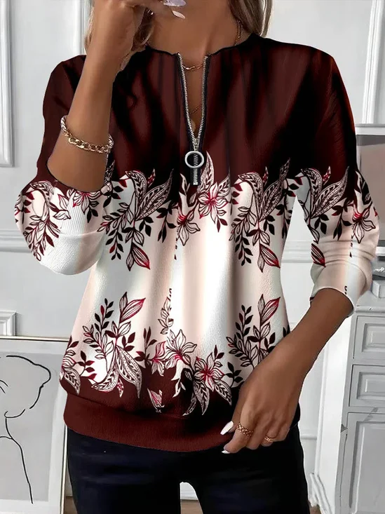 Casual Crew Neck Floral Sweatshirt Printing