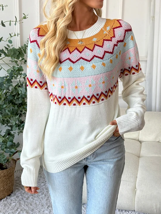 Women Cotton Geometric Long Sleeve Comfy Casual Sweater