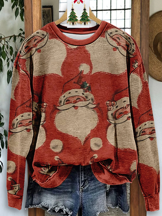 Casual Crew Neck Santa Claus Sweatshirt Printing