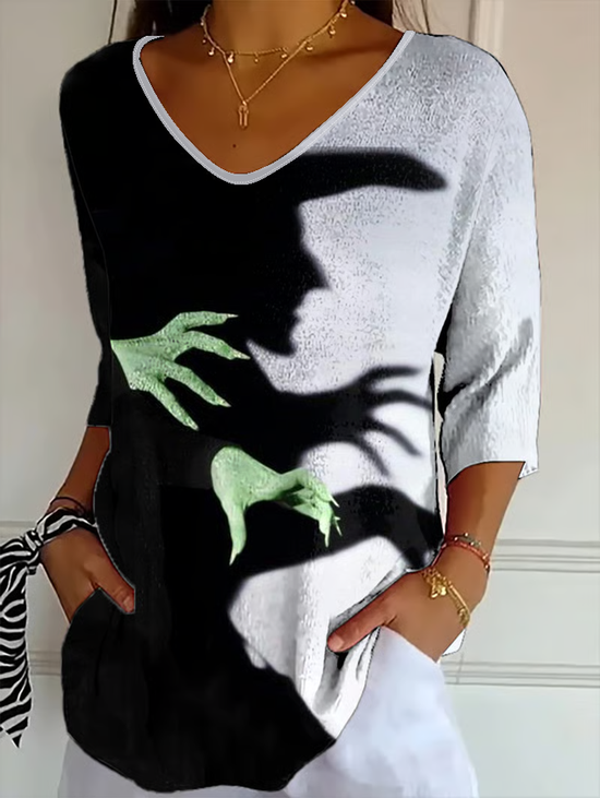 Vintage Halloween V Neck Three Quarter Sleeve T-shirt