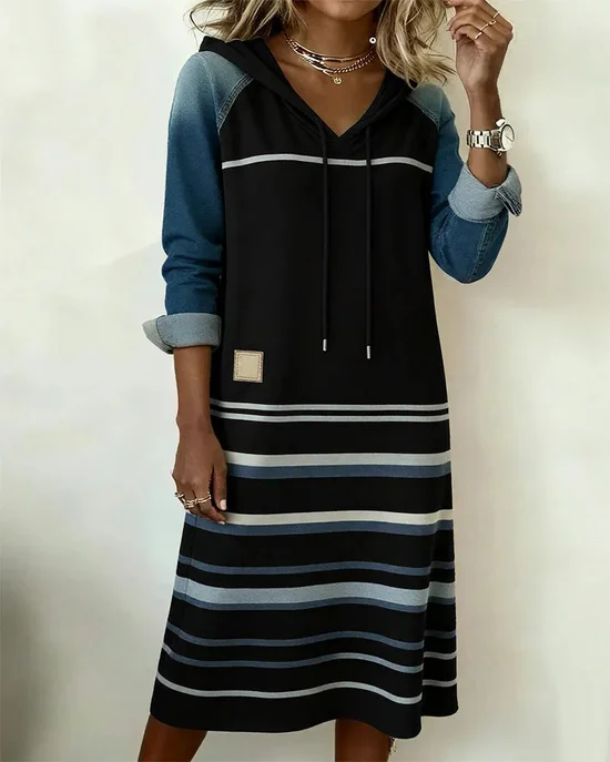 Women Multicolor Block All Season Dress Hoodie Long Sleeve H-Line Dress
