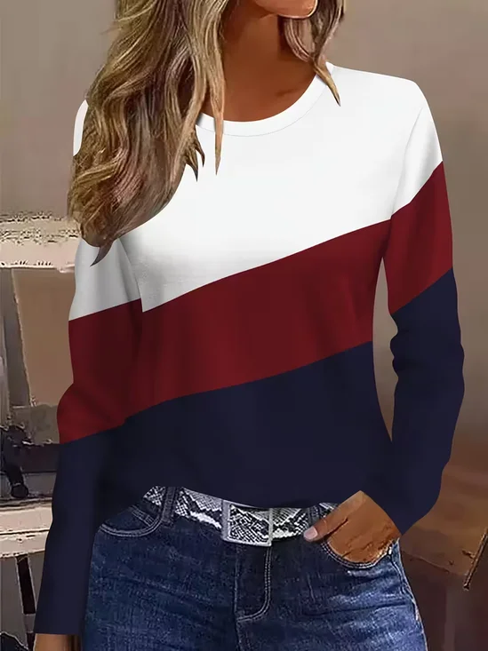 Casual Multicolor Block Crew Neck Long Sleeve T-shirt