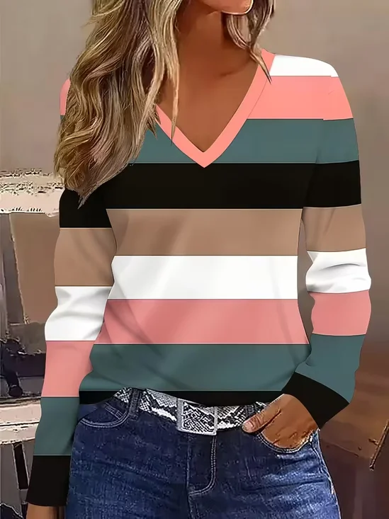 Casual Striped V Neck Long Sleeve T-shirt