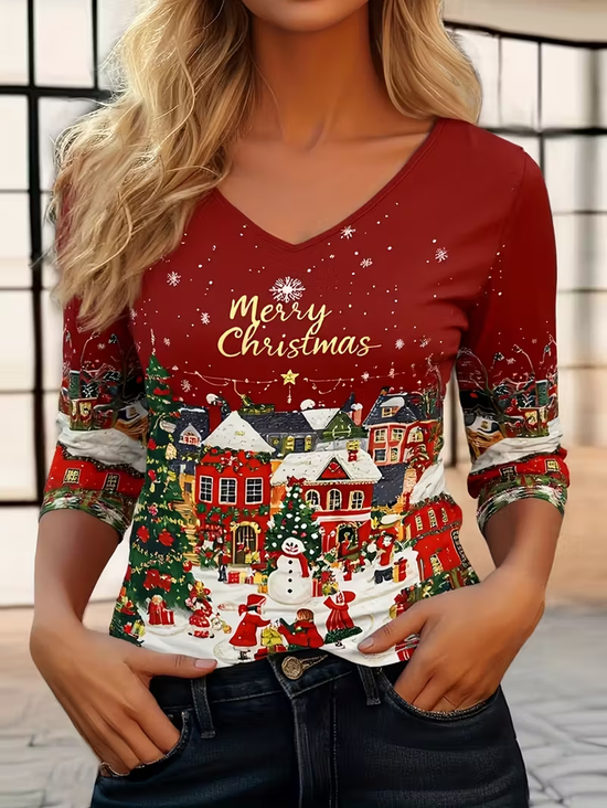 Casual Christmas Snowman V Neck Long Sleeve T-shirt