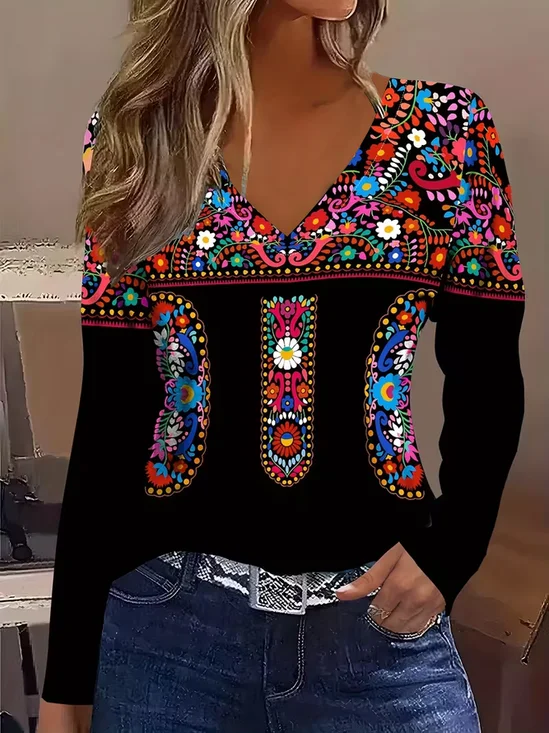 Casual Floral V Neck Long Sleeve T-shirt