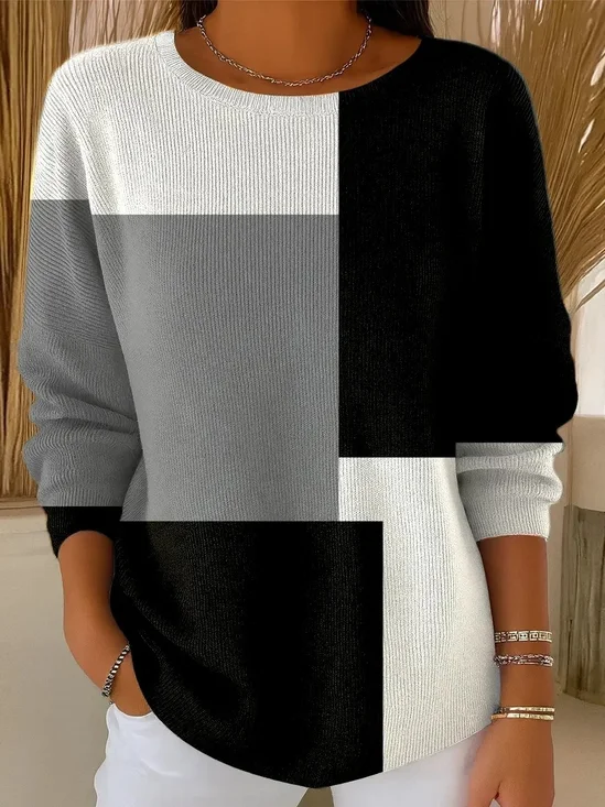 Black And White Colorblock Simple Loose Crew Neck Knit Top