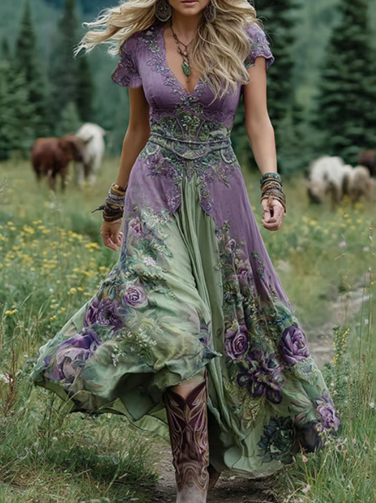 Women Floral Summer Dress V Neck Short Sleeve A-Line Dress