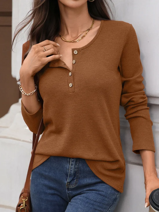 Casual Plain V Neck Long Sleeve T-shirt